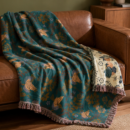 Royora Scandinavian Bird & Floral Reversible Cotton Throw Blanket for Sofa Decor