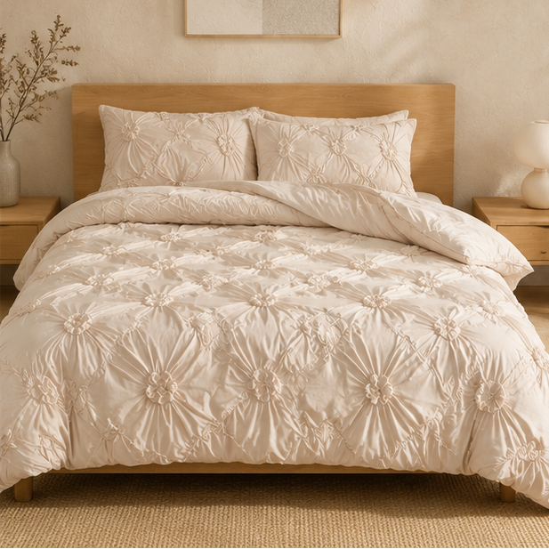 Royora Ruffle Flower Pintuck Duvet Cover Set-Elegant Quilted Bedding