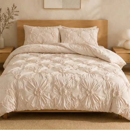 Royora Ruffle Flower Pintuck Duvet Cover Set-Elegant Quilted Bedding