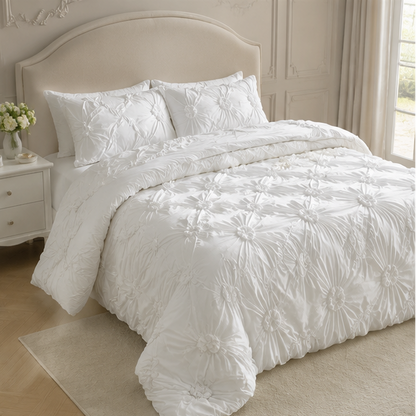 Royora Ruffle Flower Pintuck Duvet Cover Set-Elegant Quilted Bedding