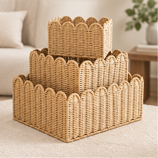 Royeva Woven Scalloped Wicker Storage Basket Set-Natural Home Organization