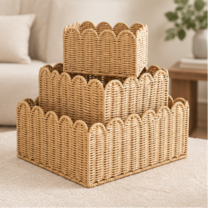 Royeva Woven Scalloped Wicker Storage Basket Set-Natural Home Organization