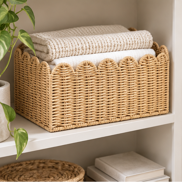 Royeva Woven Scalloped Wicker Storage Basket Set-Natural Home Organization