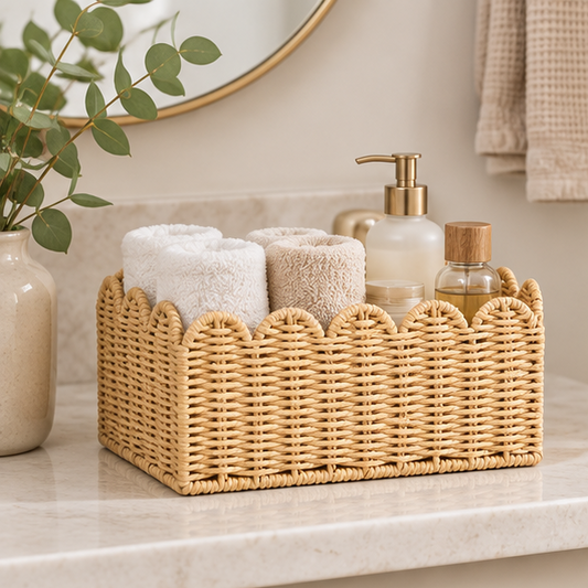 Royeva Woven Scalloped Wicker Storage Basket Set-Natural Home Organization