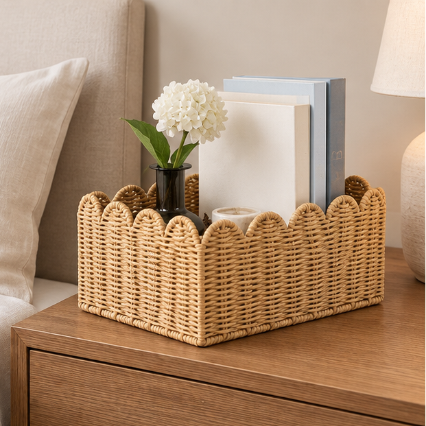 Royeva Woven Scalloped Wicker Storage Basket Set-Natural Home Organization