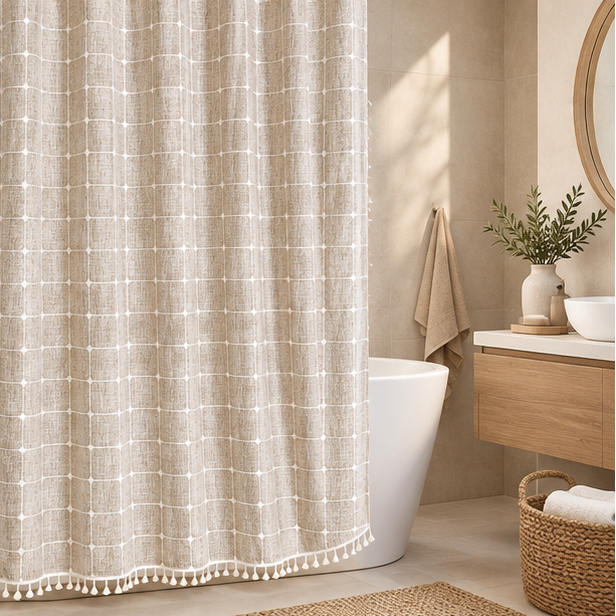 Royelle Waterproof Bohemian Linen Shower Curtain With Tassels