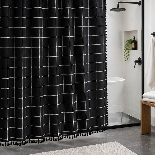 Royelle Waterproof Bohemian Linen Shower Curtain With Tassels