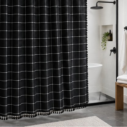 Royelle Waterproof Bohemian Linen Shower Curtain With Tassels