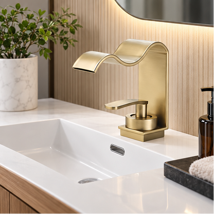 Novara Brushed Brass Waterfall Basin Faucet For Above Counter Vessel Sink