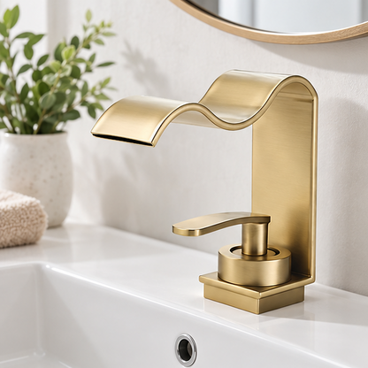 Novara Brushed Brass Waterfall Basin Faucet For Above Counter Vessel Sink