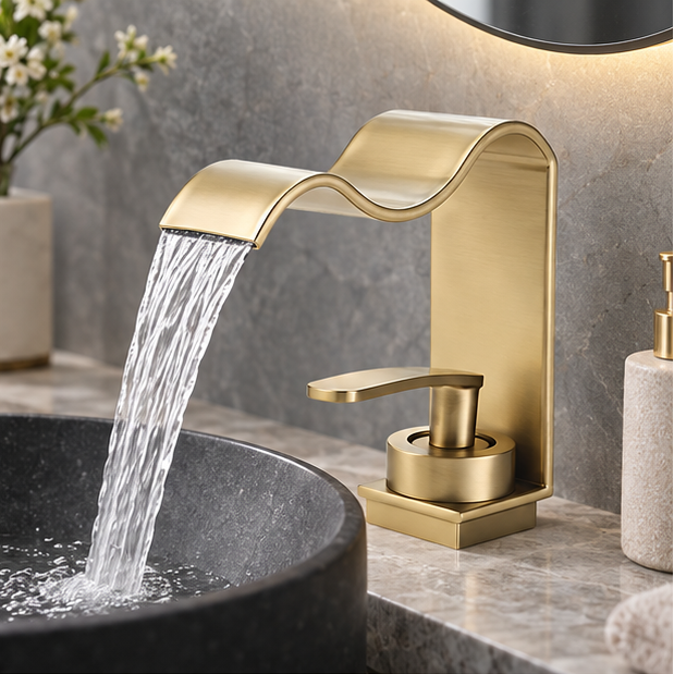 Novara Brushed Brass Waterfall Basin Faucet For Above Counter Vessel Sink