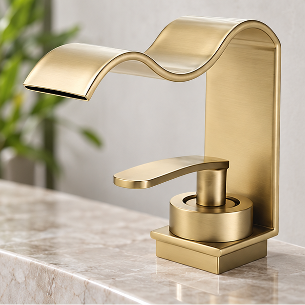 Novara Brushed Brass Waterfall Basin Faucet For Above Counter Vessel Sink