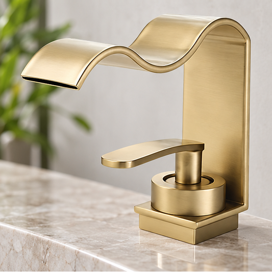 Novara Brushed Brass Waterfall Basin Faucet For Above Counter Vessel Sink