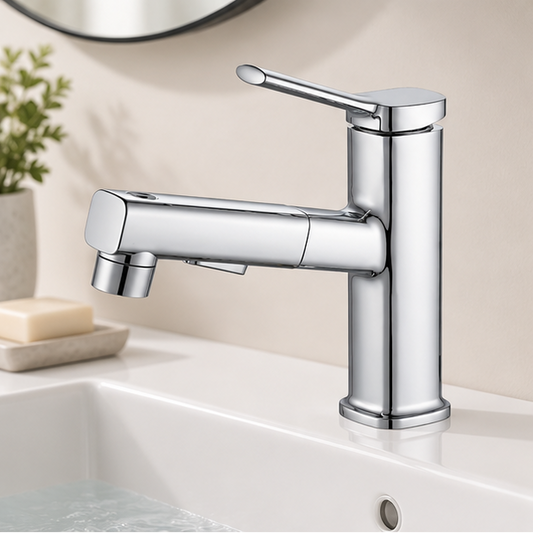 Royeva Pull-Out Three-Mode Brass Kitchen Sink Faucet-Square Design