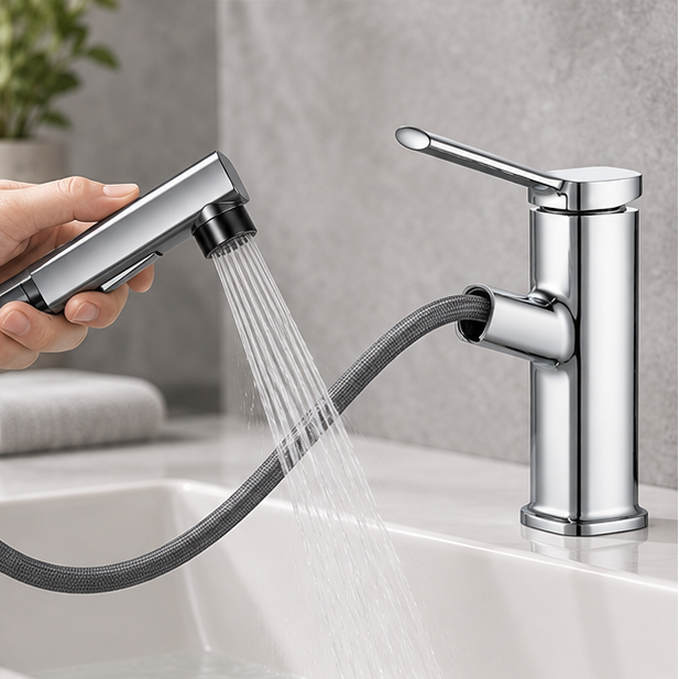Royeva Pull-Out Three-Mode Brass Kitchen Sink Faucet-Square Design