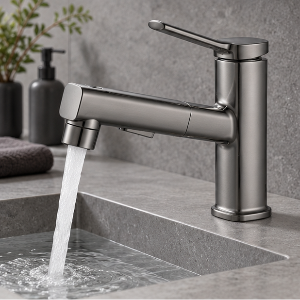 Royeva Pull-Out Three-Mode Brass Kitchen Sink Faucet-Square Design