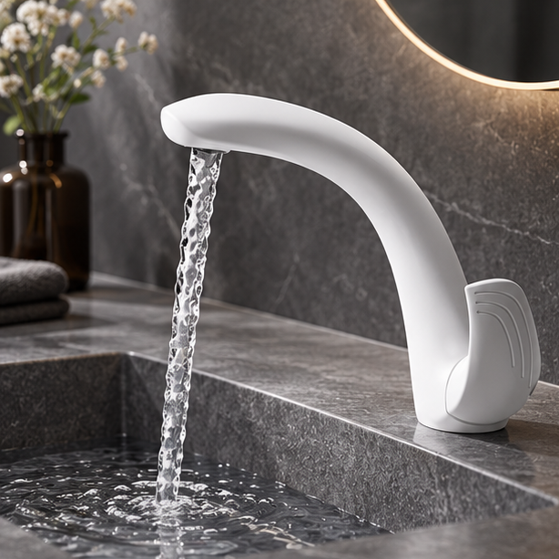 Royeva Modern White C Shaped Bathroom Basin Faucet Single Lever Sink Tap
