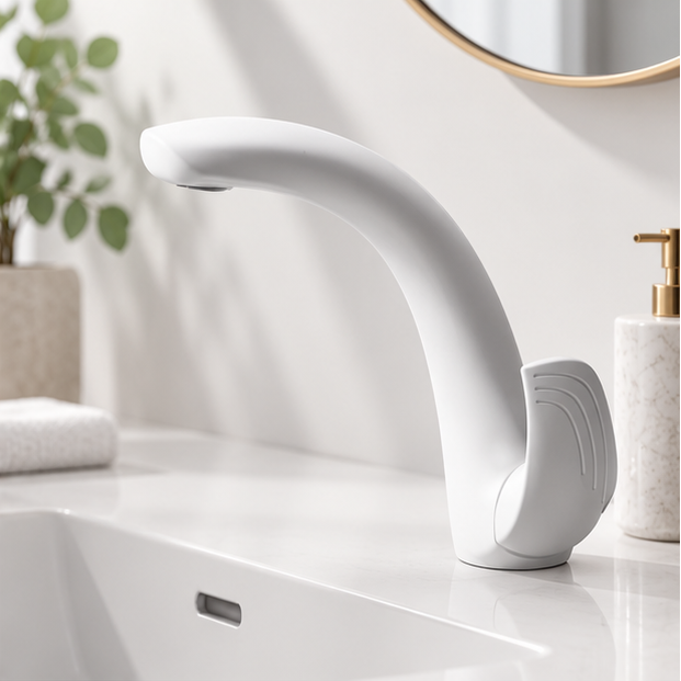 Royeva Modern White C Shaped Bathroom Basin Faucet Single Lever Sink Tap