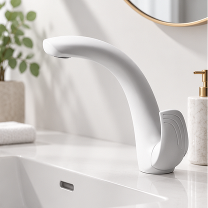 Royeva Modern White C Shaped Bathroom Basin Faucet Single Lever Sink Tap