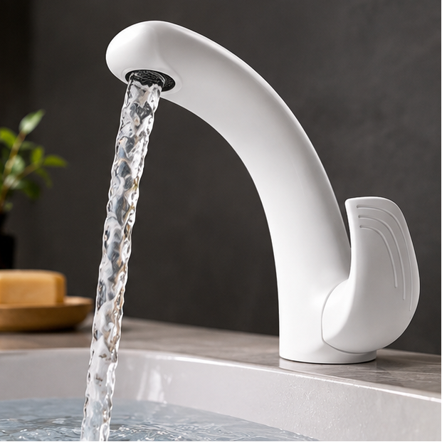 Royeva Modern White C Shaped Bathroom Basin Faucet Single Lever Sink Tap