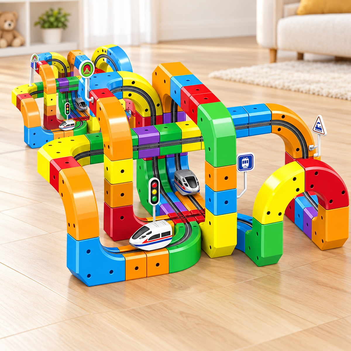 Royeva Modular 3D Railway Construction Kit-STEM Building Set with Rechargeable Train