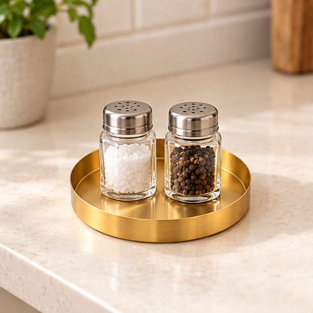 Royora Round Gold Decorative Tray-Stainless Steel Kitchen & Makeup Organizer