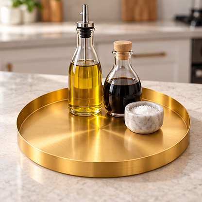 Royora Round Gold Decorative Tray-Stainless Steel Kitchen & Makeup Organizer