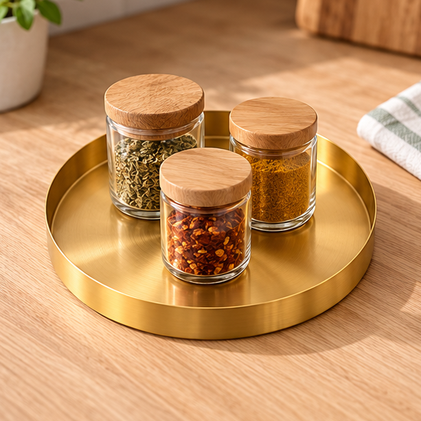 Royora Round Gold Decorative Tray-Stainless Steel Kitchen & Makeup Organizer