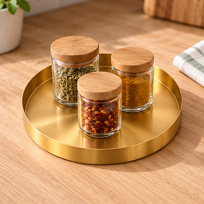 Royora Round Gold Decorative Tray-Stainless Steel Kitchen & Makeup Organizer