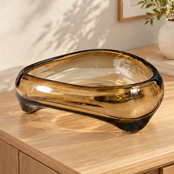 Royeva Handblown Glass Decorative Bowl-Brown Fluid Design Centerpiece