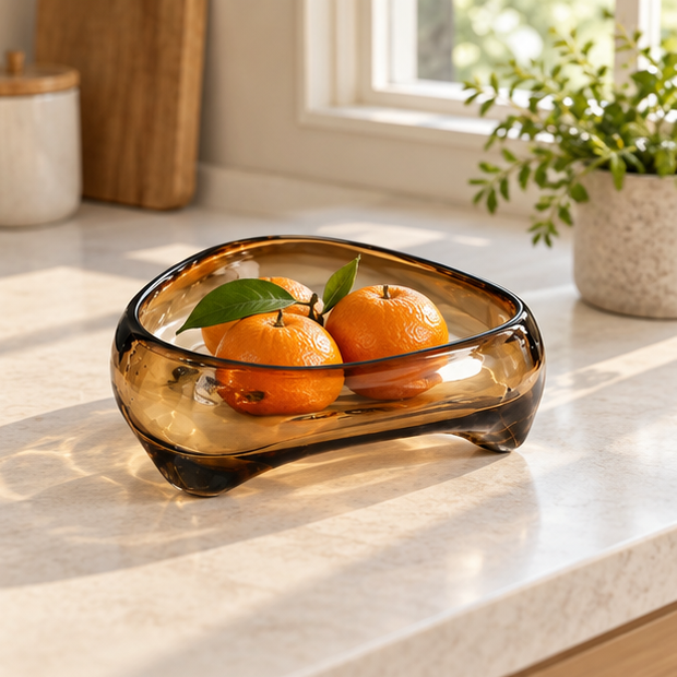 Royeva Handblown Glass Decorative Bowl-Brown Fluid Design Centerpiece