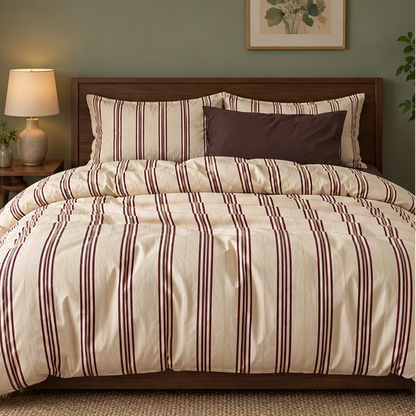 Novara Vintage Striped Cotton Bedding Set With Duvet Cover And Flat Sheet