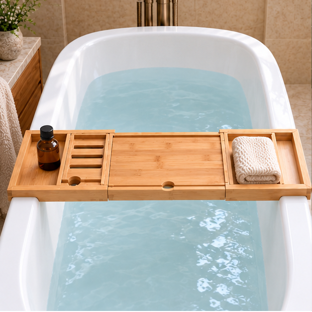 Royora Expandable Bamboo Bathtub Caddy Tray with Book Holder and Wine Glass Slot