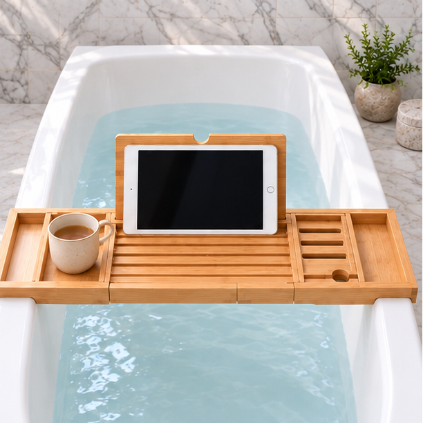 Royora Expandable Bamboo Bathtub Caddy Tray with Book Holder and Wine Glass Slot
