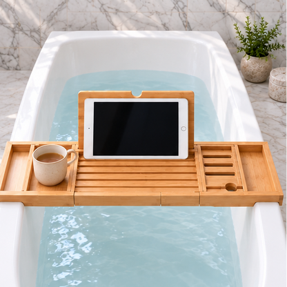Royora Expandable Bamboo Bathtub Caddy Tray with Book Holder and Wine Glass Slot
