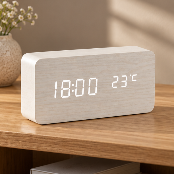 Royelle Wooden Digital Alarm Clock-LED Bedside Desk Display
