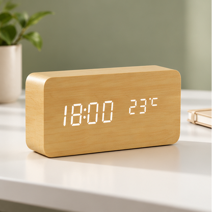 Royelle Wooden Digital Alarm Clock-LED Bedside Desk Display