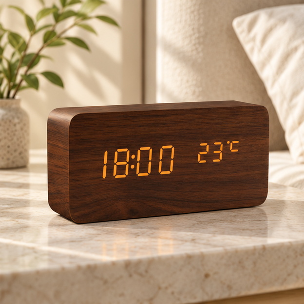 Royelle Wooden Digital Alarm Clock-LED Bedside Desk Display