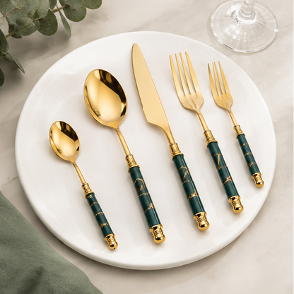 Novara Gold Accent Marbled Handle Stainless Steel Elegant Flatware Set