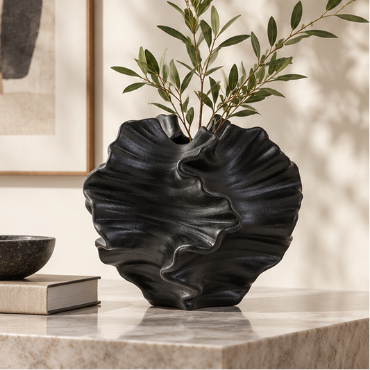 Novara Ruffled Coral Ceramic Vase-Decorative Sandy Texture Sculpture Home Decor