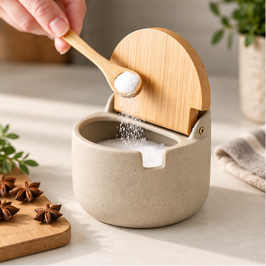 Royeva Ceramic Salt Cellar With Bamboo Lid And Spoon-Spice Jar