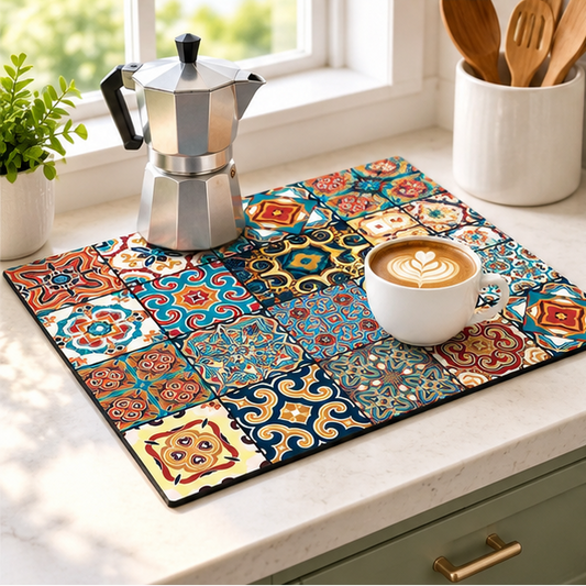 Royelle Absorbent Coffee Maker Mat-Non Slip Tile Pattern Dish Drying Mat
