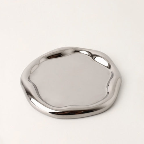 Chrome Plated Ceramic Tray and Dish for Snacks and Trinkets – White with Black Dots and Silver 0
