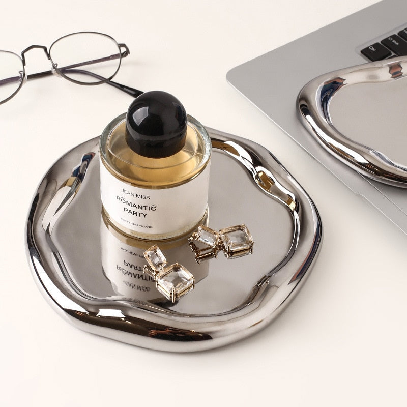 Chrome Plated Ceramic Tray and Dish for Snacks and Trinkets – White with Black Dots and Silver 1