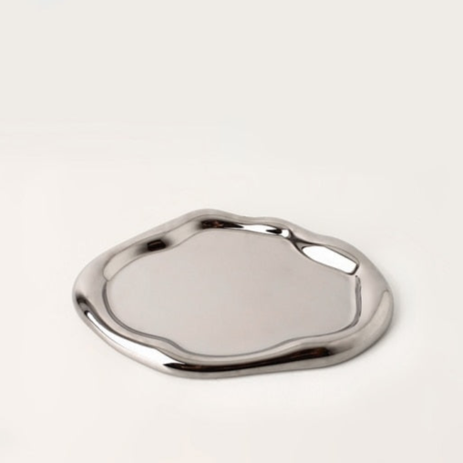 Chrome Plated Ceramic Tray and Dish for Snacks and Trinkets – White with Black Dots and Silver 3