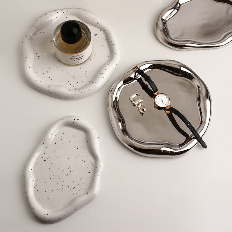 Chrome Plated Ceramic Tray and Dish for Snacks and Trinkets – White with Black Dots and Silver 5