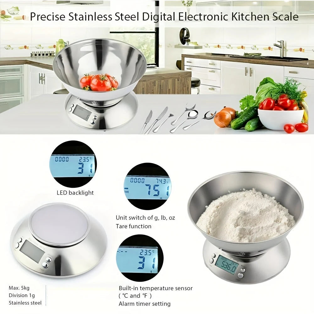 Digital Kitchen Scale with Stainless Steel Bowl – Precision with Temperature Sensor and Timer Function for Cooking and Baking 3