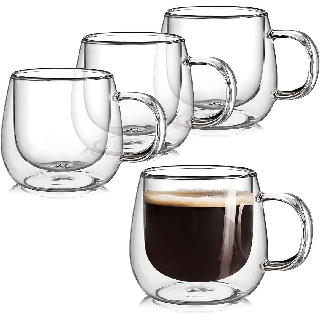 Double Wall Glass Coffee Mugs | Set of 4 | 300ml | Borosilicate | Thermal Insulation | Dishwasher Safe 0