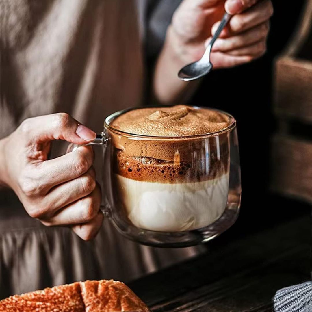 Double Wall Glass Coffee Mugs | Set of 4 | 300ml | Borosilicate | Thermal Insulation | Dishwasher Safe 1
