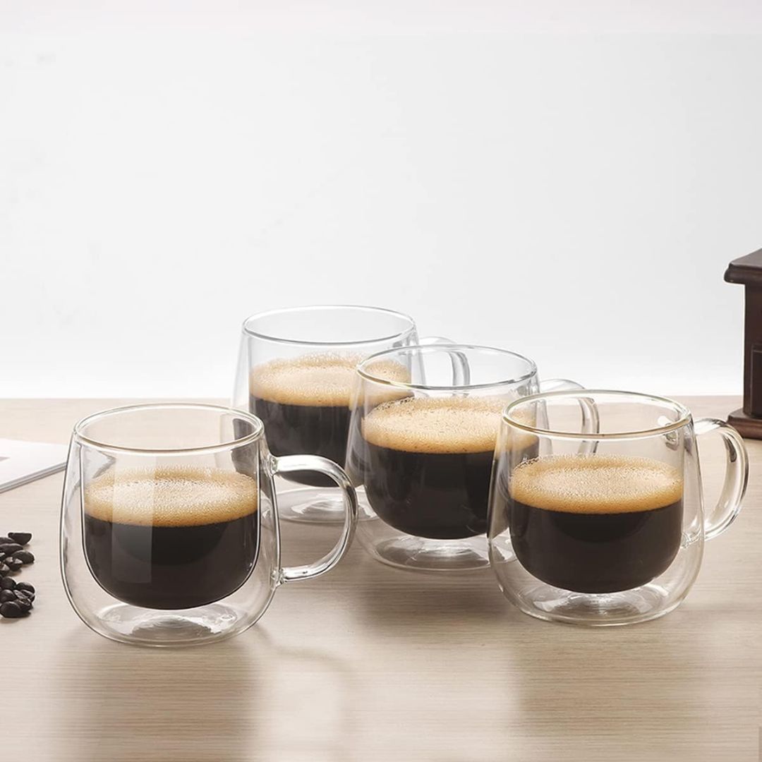 Double Wall Glass Coffee Mugs | Set of 4 | 300ml | Borosilicate | Thermal Insulation | Dishwasher Safe 4